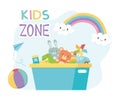 Kids zone, filled bucket plastic with toys storage