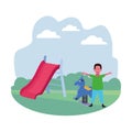 Kids zone, funny boy with spring horse and slide playground Royalty Free Stock Photo