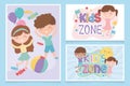 Kids zone, funny little boy and girl candies ball sun cartoon banners