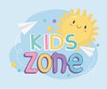 Kids zone, funny sun cartoon paper planes Royalty Free Stock Photo