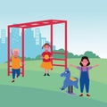 Kids zone, girl with ball and boy monkey bars and spring horse playground