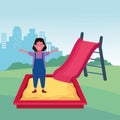Kids zone, happy girl in sandbox with slide playground Royalty Free Stock Photo