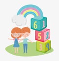 Kids zone, happy little boy and girl numbers blocks cartoon rainbow cloud