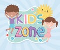 Kids zone, happy little boy and girl sun cartoon Royalty Free Stock Photo