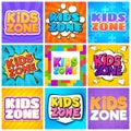 Kids zone. Kinder playroom banners for design cartoon text. Childrens playing park, backgrounds.