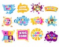 Kids zone label. Cartoon colorful child playroom with toys, baby kindergarten activity concept. Vector isolated banner Royalty Free Stock Photo