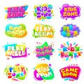 Kids zone labels. Fun kid game logo, sports party gaming sign. Play room children entertainment banner, playground