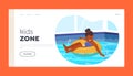 Kids Zone Landing Page Template. Child Swimming in Pool Float on Inflatable Ring. Little Girl Character Enjoying Water