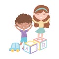 Kids zone, little girl boy playing with alphabet blocks and car toys Royalty Free Stock Photo