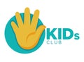 Kids zone logo template of child palm hands smiling face smiles and letters. Royalty Free Stock Photo