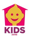 Kids zone logo template of child palm hands and speech bubble with color letters. Royalty Free Stock Photo