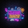 Kids Zone neon banner vector design template. Place for fun and play neon light banner, design element, night bright Royalty Free Stock Photo