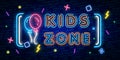 Kids Zone neon sign, bright signboard, light banner. Kids Area logo, emblem. Vector illustration