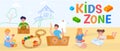 Kids zone, play colorful, childhood party, kindergarten playground, happy leisure child, design, cartoon style vector Royalty Free Stock Photo