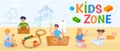 Kids zone, play colorful, childhood party, kindergarten playground, happy leisure child, design, cartoon style vector