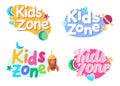 Kids zone play room area sign label banner for playground in colorful style children Royalty Free Stock Photo