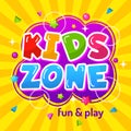 Kids zone. Promotional colorful game area poster happy childrens emblem for playground vector template
