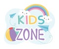 Kids zone, rubber ball paper planes and rainbow cartoon Royalty Free Stock Photo