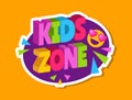Kids zone sticker. 3d letters logo for children playroom. Baby playing area sign with cute smile vector illustration