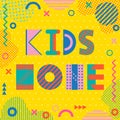 Kids zone. Text and geometric elements on a yellow background. Memphis style of 80s-90s