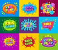 Kids zone toy party game world menu club play room bright banner poster flyer set