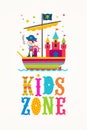 Kids zone vector sign with cartoon character