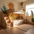 kidsroom wooden bed ultrarelastic boho style low sun , generated by AI