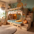 kidsroom wooden bed ultrarelastic boho style low sun , generated by AI