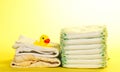 Kidswear, disposable diapers and rubber duckling Royalty Free Stock Photo