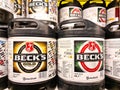 Kiel, Germany - 01. April 2024: Kegs of Becks brand beer for sale in a drinks market