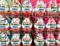 Kiel, Germany - 12 December 2023: Kinder brand chocolate surprise eggs for sale in a supermarket