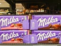 Kiel, Germany - 12 December 2023: Numerous varieties of Milka brand chocolate on a supermarket shelf