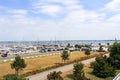 View of sailboats docked at the pier and car parking viewed from University of Kiel Sailing Center in summer Royalty Free Stock Photo