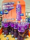 Kiel, Germany - 13. July 2023: Purple bottles of Fanta lemonade in a supermarket