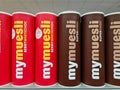 Kiel, Germany - 13. July 2023: Several packs of My Muesli brand muesli on a supermarket shelf