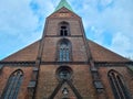 Kiel, Germany - 04. May 2024: Beautiful view of the old Saint Nicolai church in Kiel with the old walls