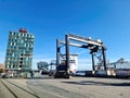 Kiel, Germany - 22. October 2023: Container and trucks waiting for the crossing to Sweden at Schwedenkai