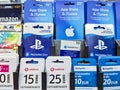 Kiel, Germany - 03. September 2022: A lot of credit and gift cards from Playstation, Xbox, Vodafone, Alditalk and Amazon in a