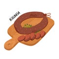 Kielbasa sausage. Meat delicatessen on white background. Slices of typical polish U-shaped smoked sausage. Simple flat