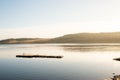 Kielder England. Jetty platform on Kielder Reservoir during a hazy foggy winter morning