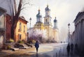 Kiev, capital of Ukraine. AI generated, watercolor artwork. City