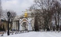 Kiev, Chapel in the park near the St. Michael`s Golden Gate Cathedral. Winter Royalty Free Stock Photo