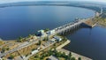 Kiev hydroelectric station. Power plant on the Dnieper River in Vyshgorod, Ukraine. Aerial footage