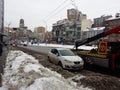 Kiev, March 6, 2018, Ukraine. Traffic police officers on street to pick up intruder`s car on tow truck. Loading tow truck car of Royalty Free Stock Photo