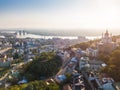 KIev Ukraine aeriel drone view to Andriyivskyy Descent, Podil, St.Andrew`s Church, river Dnepr.