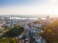 KIev Ukraine aeriel view to Andriyivskyy Descent, Podil, St.Andrew`s Church, river Dnepr.