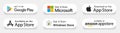 Kiev, Ukraine - April 25, 2021: Buttons Google Play Store, Amazon AppStore, Apple App Store, Windows, Microsoft store download App