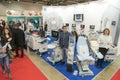 Kiev, Ukraine. April 17 2019. Medical Exhibition. Exhibition of gynecological equipment. Visitors to the exhibition of medical