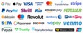 Kiev, Ukraine - April 02, 2023: Online payment methods icons set, company logos: Visa, Mastercard, Paypal, Bitcoin, Amazon Pay