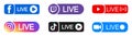 Kiev, Ukraine - April 16, 2023: Set streaming live social media badge icon logo facebook, instagram, youtube, twitch, zoom, tiktok